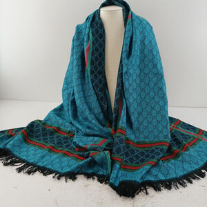 Gucci GG Monogram Shawl Scarf Teal Blue Red Stripe Fringe Wrap Italy 71 x 26"